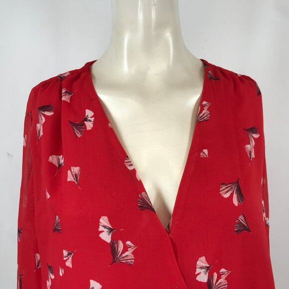 BANANA REPUBLIC- WOMEN'DS XL - RED FLORAL LONG SLEEVE CRISS CROSS WRAP TOP - Picture 2 of 7
